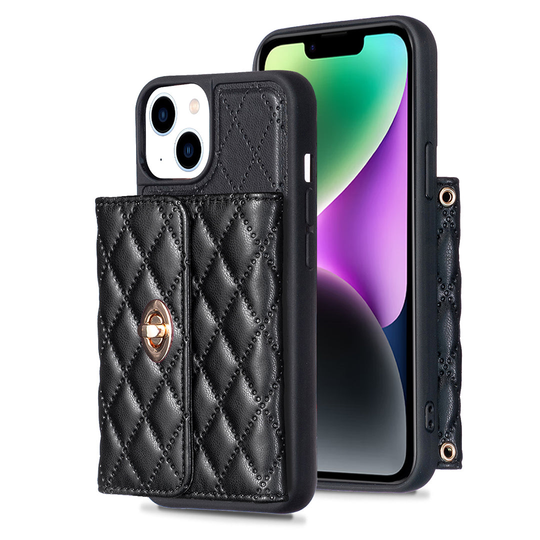BF21-Style For iPhone 14 Plus Card Holder Phone Case PU Leather TPU Kickstand Cover with Shoulder Strap BF21-Style For iPhone 14 Plus Card Holder Phone Case PU Leather TPU Kickstand Cover with Shoulder Strap